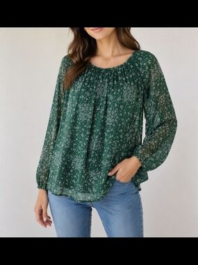 Les Serein Women's Green Floral Peasant Blouse with Gathered Neckline Size 2X